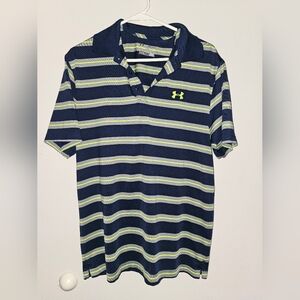 Under Armour Men's Navy and Green Striped Short-Sleeve Polo Shirt Size M
